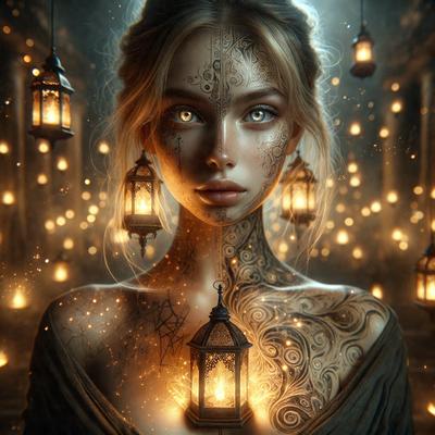 The primary subject of the image is a woman with a unique and artistic appearance. She is wearing a dress and has a tattoo on her neck. The setting is a dark room with a backdrop of many lit candles, creating a moody and atmospheric environment. The visual style of the image is a digital art or illustration, showcasing the woman's intricate tattoo and the glowing candles. The colors and mood of the image are predominantly dark and mysterious,